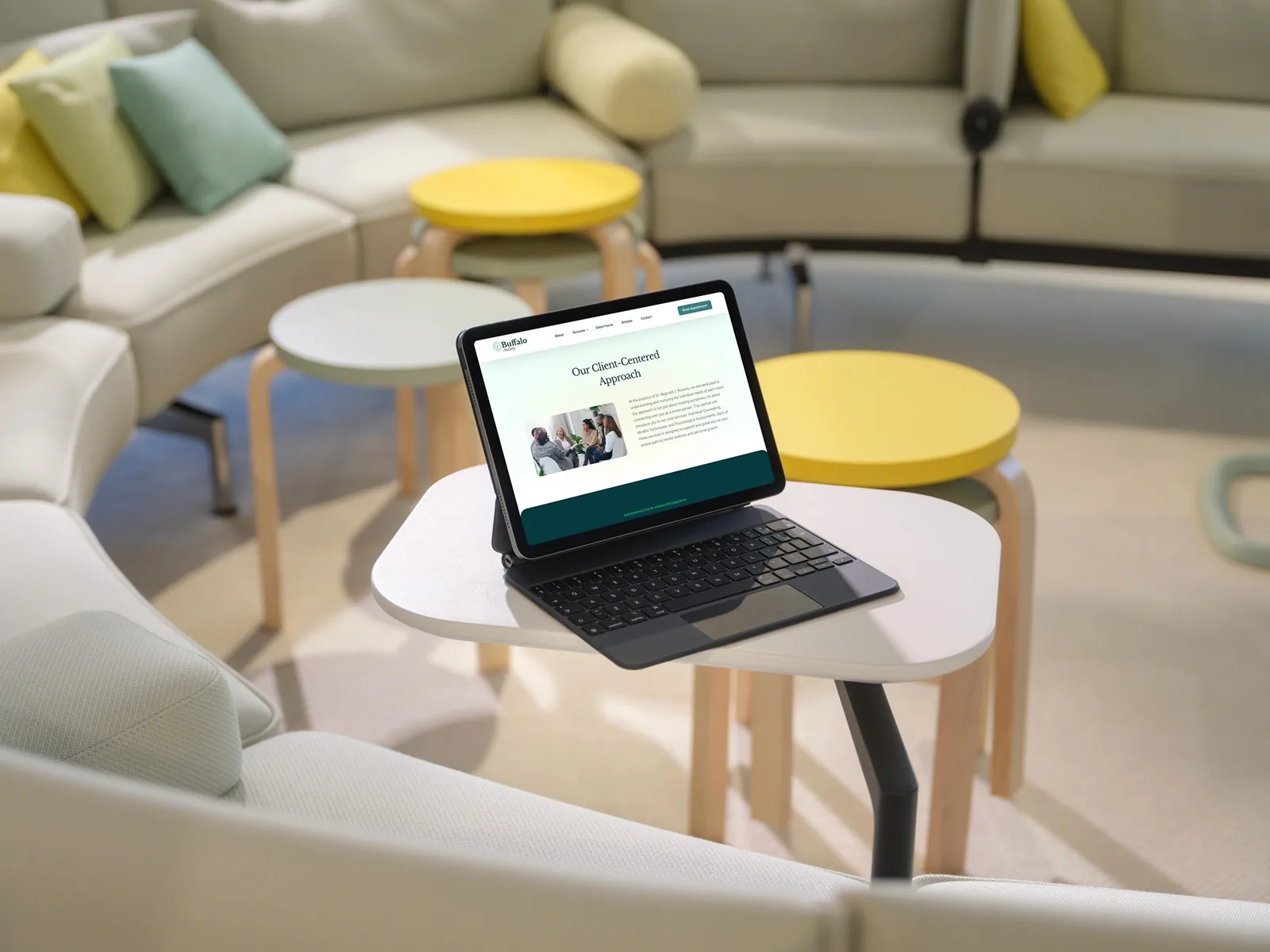 Client-centered website design on tablet, showcasing responsive UI for website design.