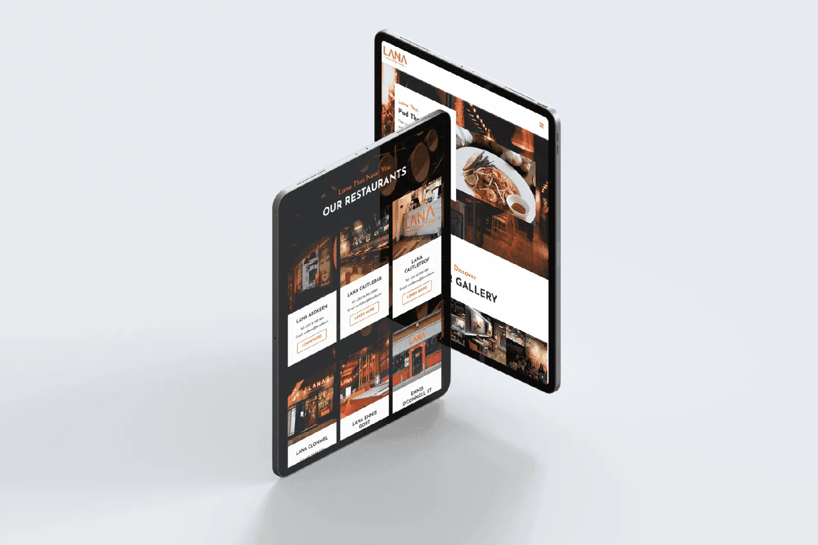 Graphic House for restaurant shown responsively on tablet and phone.