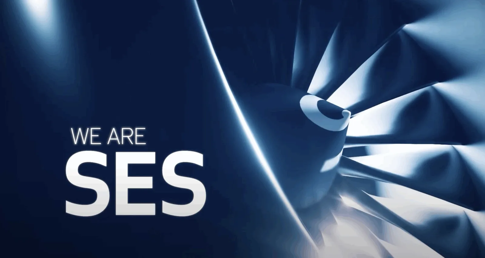 "WE ARE SES" text on abstract blue shapes for brand identity design.