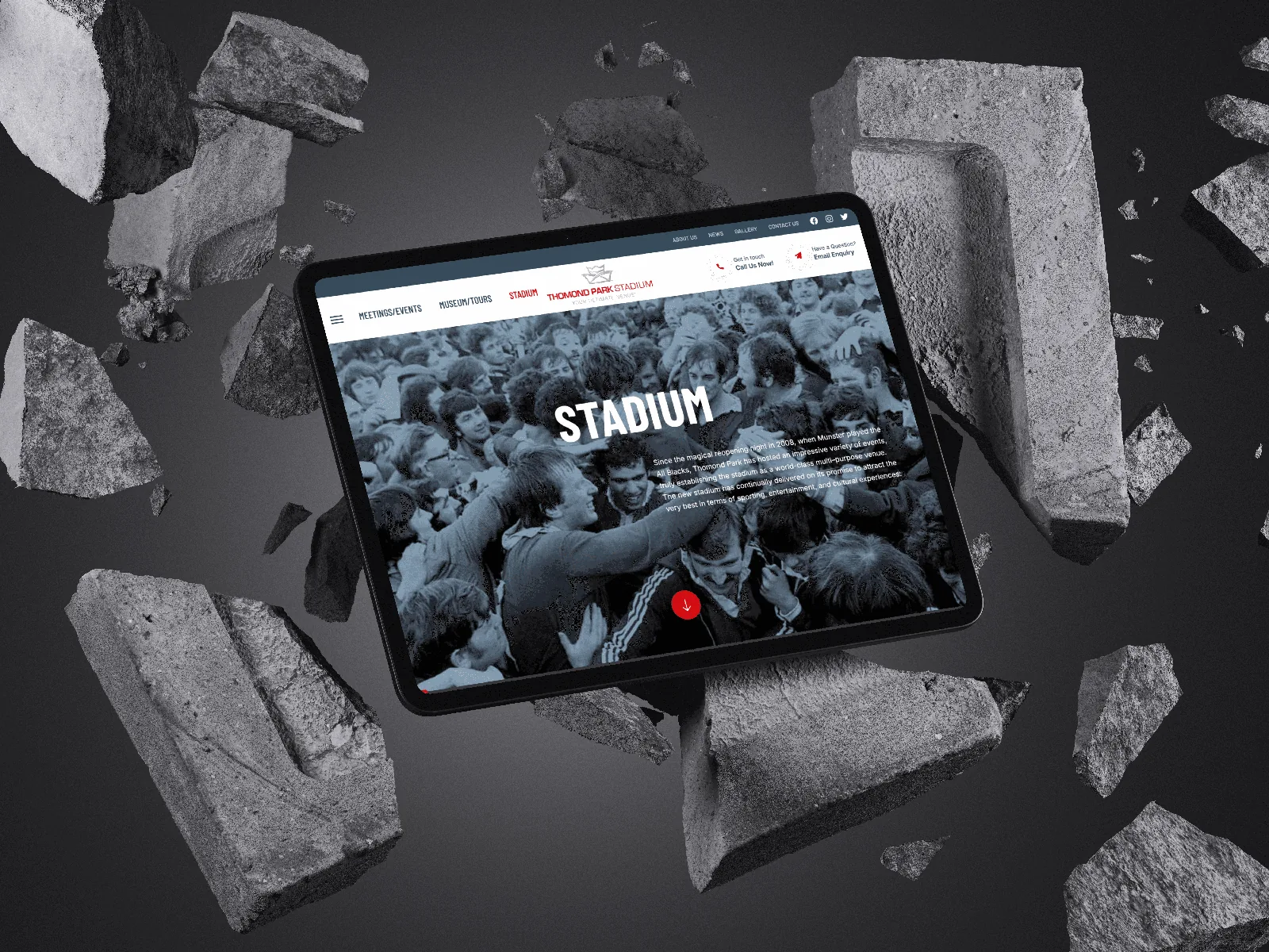 Tablet displays Thomond Park Stadium website for Graphic House.