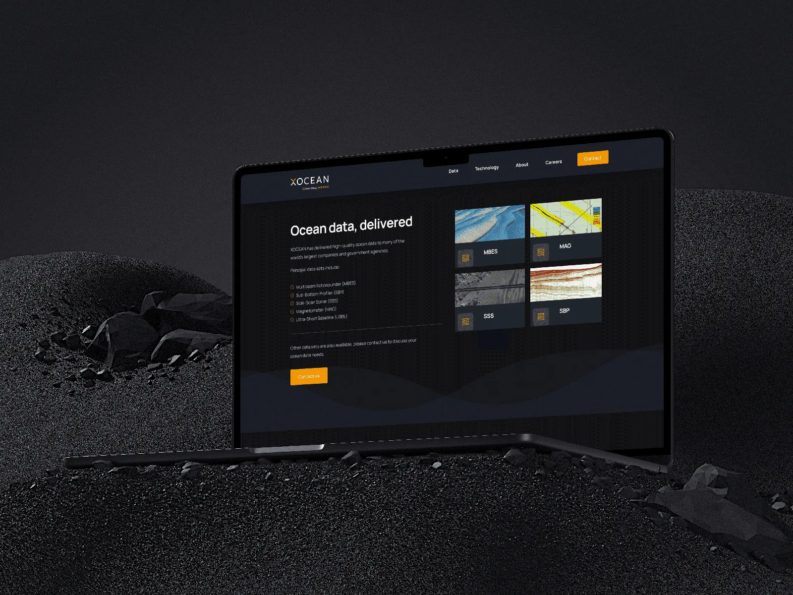 Modern website design with dark mode interface for data service presentation.